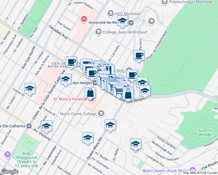 map of restaurants, bars, coffee shops, grocery stores, and more near 3550 Rue Jean-Brillant in Montréal