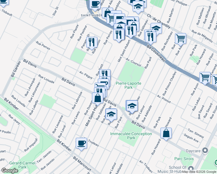 map of restaurants, bars, coffee shops, grocery stores, and more near 3393 Montée Saint-Hubert in Longueuil