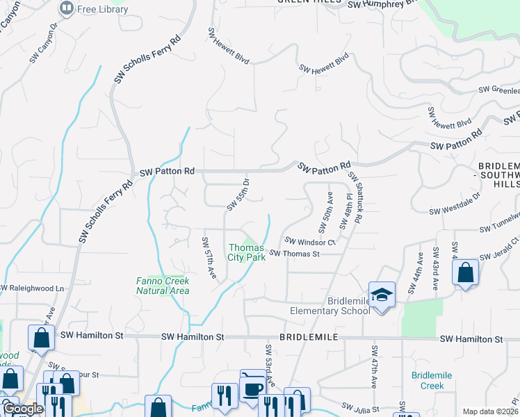 map of restaurants, bars, coffee shops, grocery stores, and more near 5330 Southwest Westdale Drive in Portland