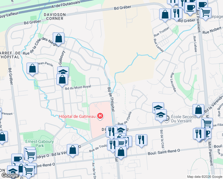 map of restaurants, bars, coffee shops, grocery stores, and more near 608 Boulevard de l'Hôpital in Gatineau