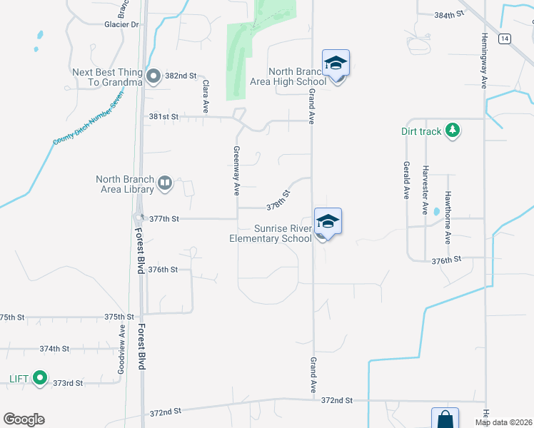 map of restaurants, bars, coffee shops, grocery stores, and more near 6653 378th Street in North Branch