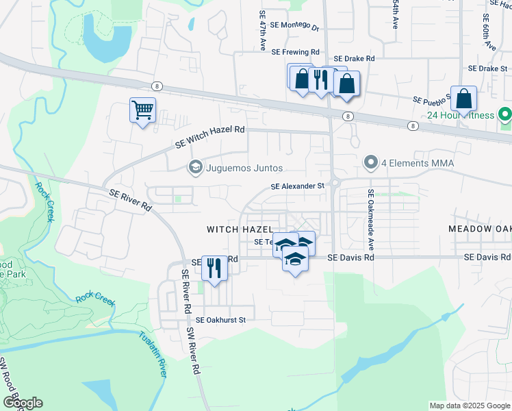 map of restaurants, bars, coffee shops, grocery stores, and more near 4577 Southeast Lone Oak Street in Hillsboro