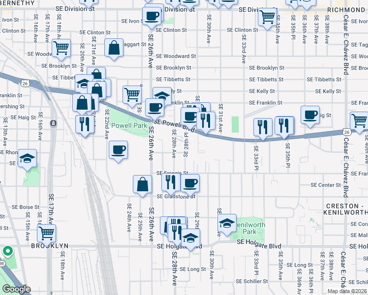 map of restaurants, bars, coffee shops, grocery stores, and more near 3645 Southeast 28th Place in Portland