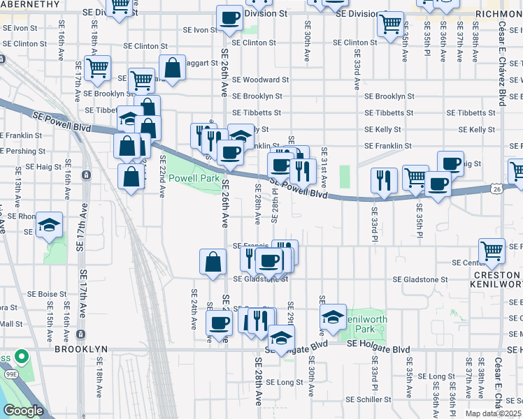 map of restaurants, bars, coffee shops, grocery stores, and more near 3640 Southeast 28th Avenue in Portland