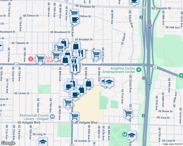 map of restaurants, bars, coffee shops, grocery stores, and more near 8445 Southeast Lafayette Street in Portland