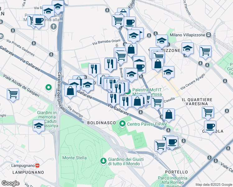 map of restaurants, bars, coffee shops, grocery stores, and more near 144 Viale Certosa in Milano