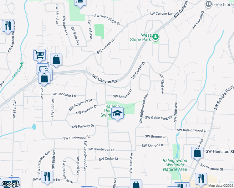 map of restaurants, bars, coffee shops, grocery stores, and more near 7755 Southwest Miner Way in Portland