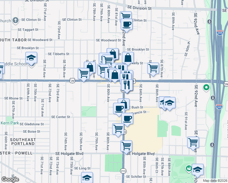 map of restaurants, bars, coffee shops, grocery stores, and more near 8029 Southeast Lafayette Street in Portland