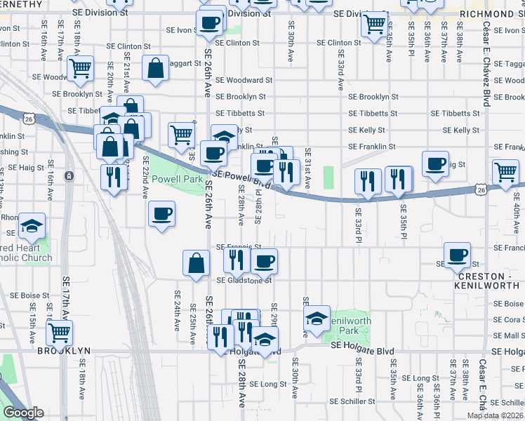 map of restaurants, bars, coffee shops, grocery stores, and more near 3612 Southeast 28th Place in Portland