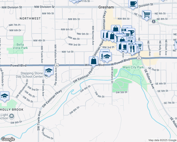 map of restaurants, bars, coffee shops, grocery stores, and more near 165 Southwest Eastman Parkway in Gresham