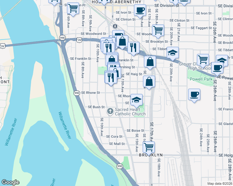 map of restaurants, bars, coffee shops, grocery stores, and more near 3619 Southeast Milwaukie Avenue in Portland