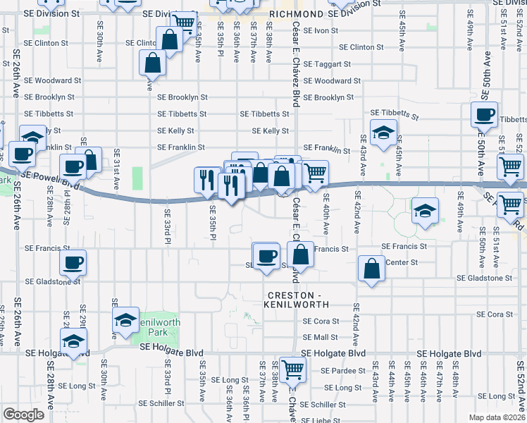 map of restaurants, bars, coffee shops, grocery stores, and more near 3711 Southeast Lafayette Court in Portland