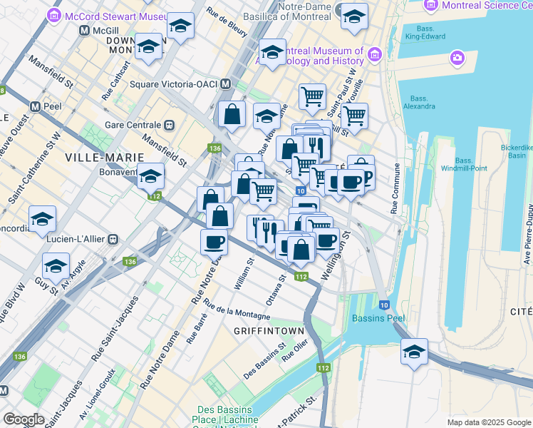 map of restaurants, bars, coffee shops, grocery stores, and more near in Montreal