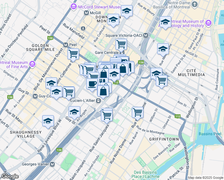 map of restaurants, bars, coffee shops, grocery stores, and more near 1190 Avenue des Canadiens-de-Montréal in Montréal