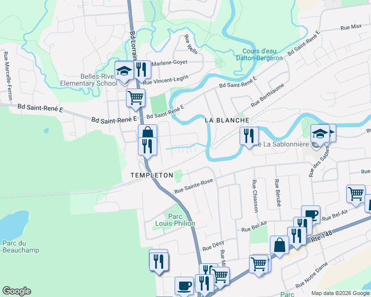 map of restaurants, bars, coffee shops, grocery stores, and more near 80 Rue Hamel in Gatineau