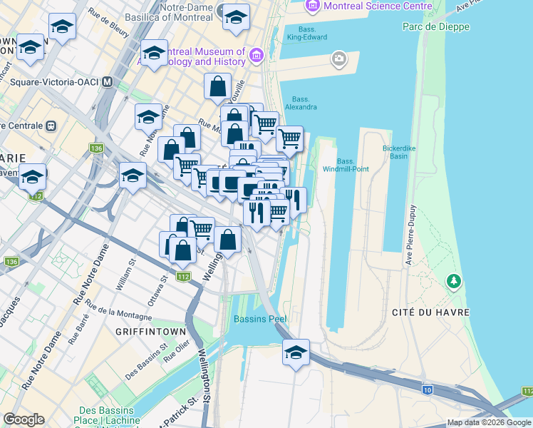 map of restaurants, bars, coffee shops, grocery stores, and more near 27 Rue Prince in Montréal