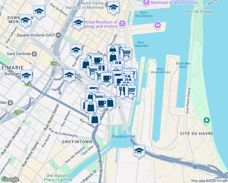 map of restaurants, bars, coffee shops, grocery stores, and more near 888 Wellington Street in Montrã©Al
