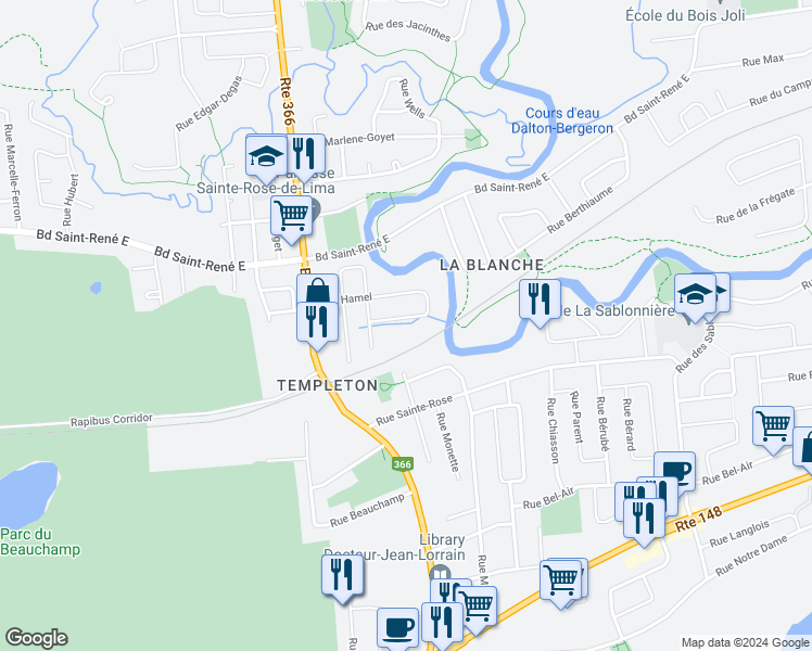 map of restaurants, bars, coffee shops, grocery stores, and more near 76 Rue Hamel in Gatineau