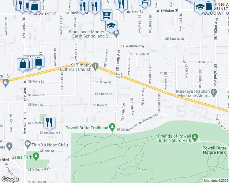 map of restaurants, bars, coffee shops, grocery stores, and more near 14745 Southeast Rhone Street in Portland