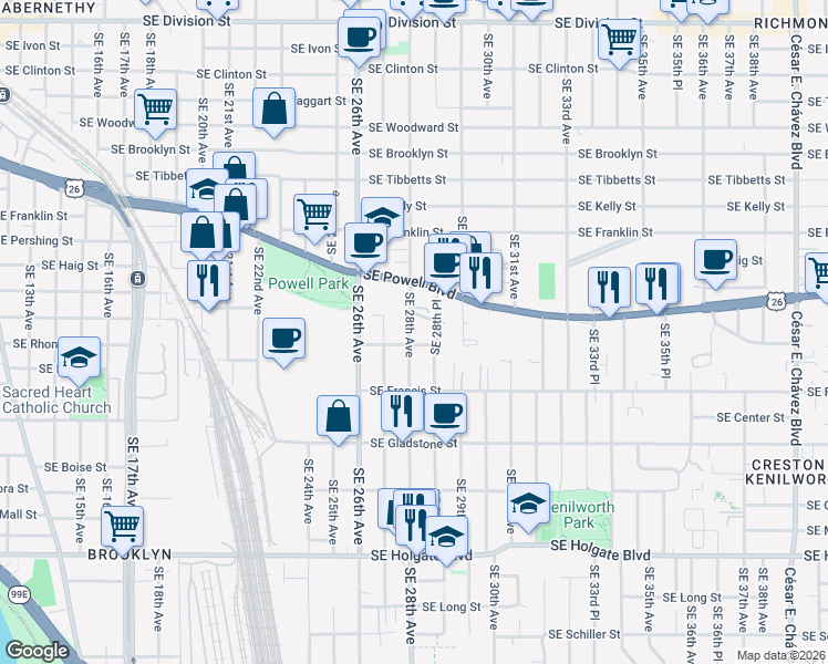 map of restaurants, bars, coffee shops, grocery stores, and more near 3640 Southeast 28th Avenue in Portland