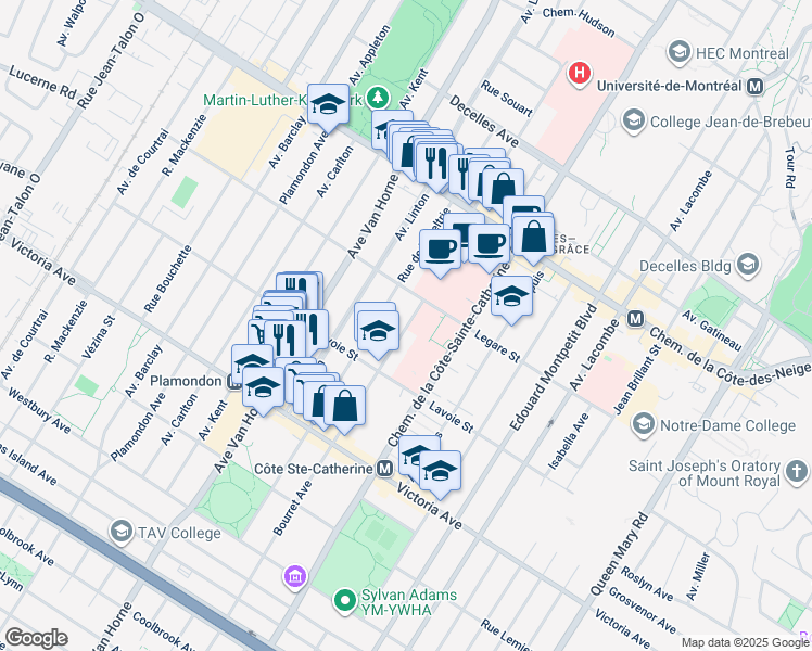 map of restaurants, bars, coffee shops, grocery stores, and more near 4155 Bourret Avenue in Montreal