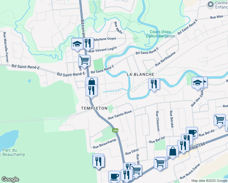 map of restaurants, bars, coffee shops, grocery stores, and more near 84 Rue Hamel in Gatineau