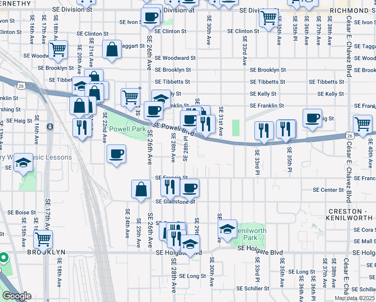 map of restaurants, bars, coffee shops, grocery stores, and more near 3645 Southeast 28th Place in Portland