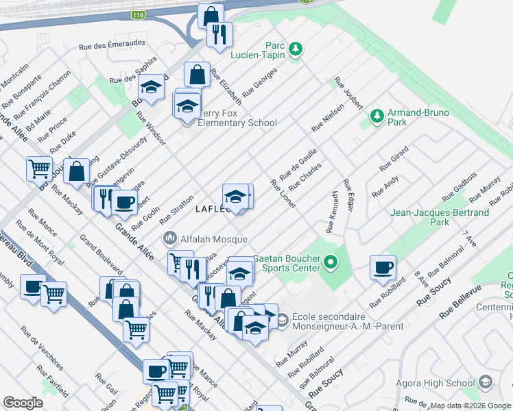 map of restaurants, bars, coffee shops, grocery stores, and more near 1644 Rue de Gaulle in Longueuil