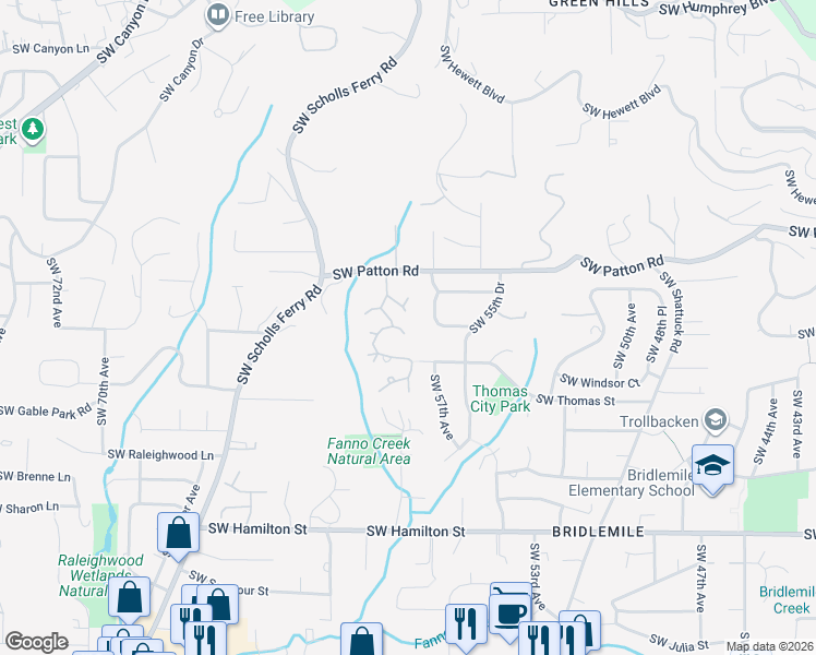 map of restaurants, bars, coffee shops, grocery stores, and more near 5745 Southwest Gaines Court in Portland
