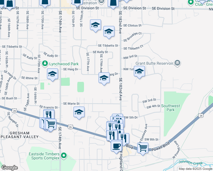 map of restaurants, bars, coffee shops, grocery stores, and more near 3505 Southeast 182nd Avenue in Portland