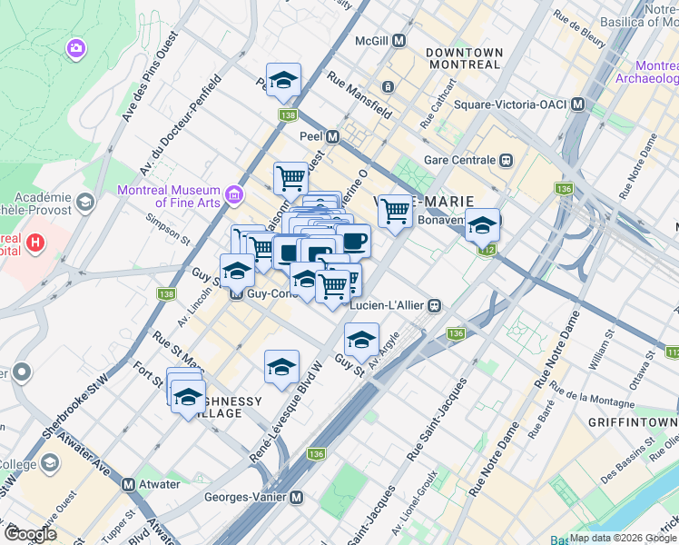 map of restaurants, bars, coffee shops, grocery stores, and more near 1200 Rue Crescent in Montréal
