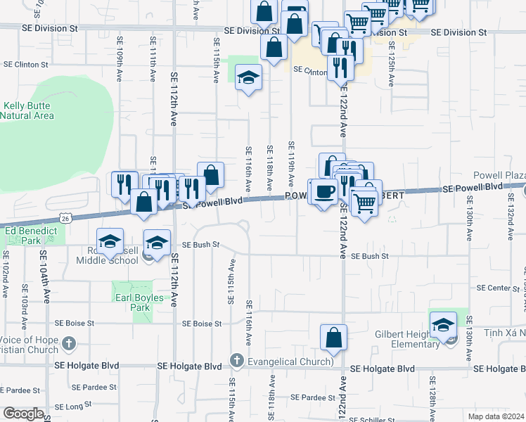 map of restaurants, bars, coffee shops, grocery stores, and more near 3505 Southeast 118th Avenue in Portland
