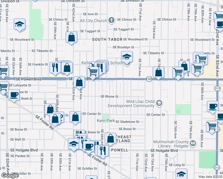 map of restaurants, bars, coffee shops, grocery stores, and more near 3553 Southeast 68th Avenue in Portland