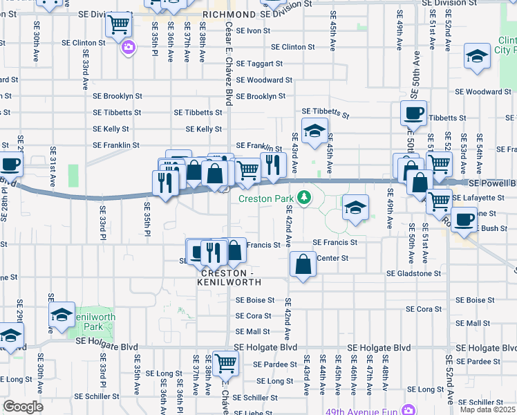 map of restaurants, bars, coffee shops, grocery stores, and more near 3608 Southeast 40th Avenue in Portland