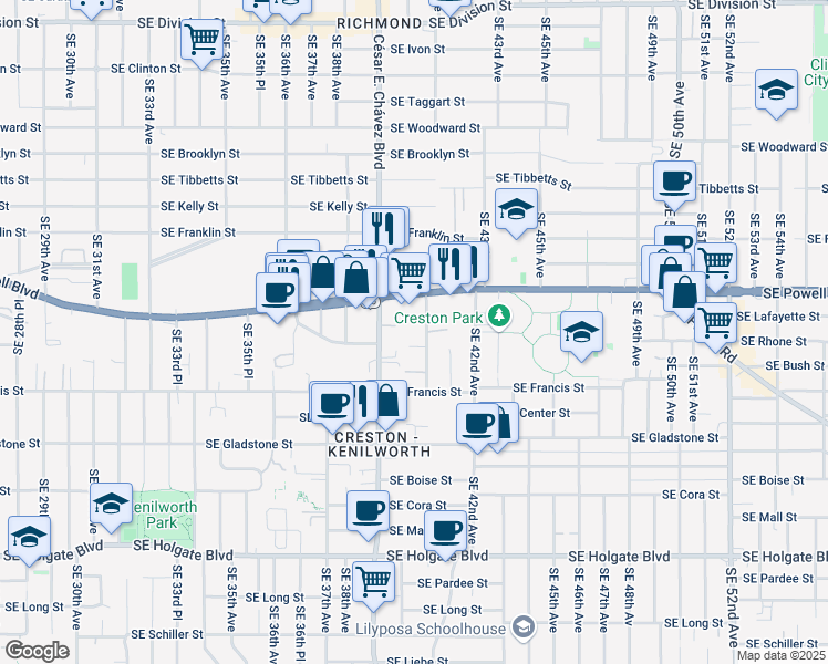 map of restaurants, bars, coffee shops, grocery stores, and more near 3630 Southeast Cesar Estrada Chavez Boulevard in Portland