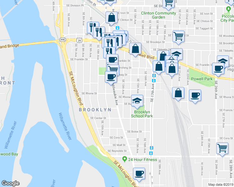 map of restaurants, bars, coffee shops, grocery stores, and more near 3619 Southeast Milwaukie Avenue in Portland