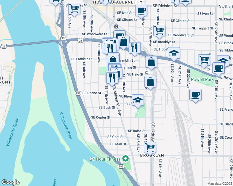 map of restaurants, bars, coffee shops, grocery stores, and more near 3619 Southeast Milwaukie Avenue in Portland