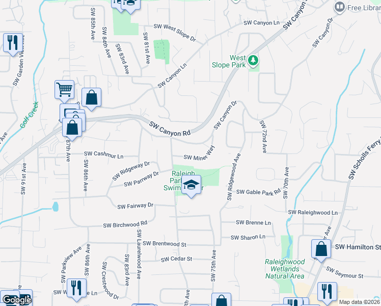 map of restaurants, bars, coffee shops, grocery stores, and more near 7755 Southwest Miner Way in Portland