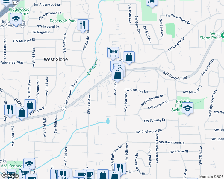 map of restaurants, bars, coffee shops, grocery stores, and more near 8805 Southwest Cashmur Lane in Portland