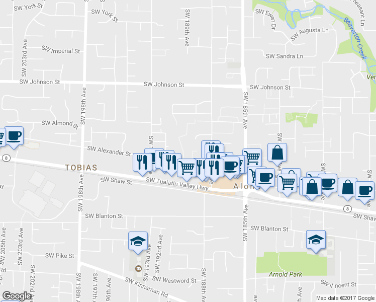 map of restaurants, bars, coffee shops, grocery stores, and more near in Beaverton
