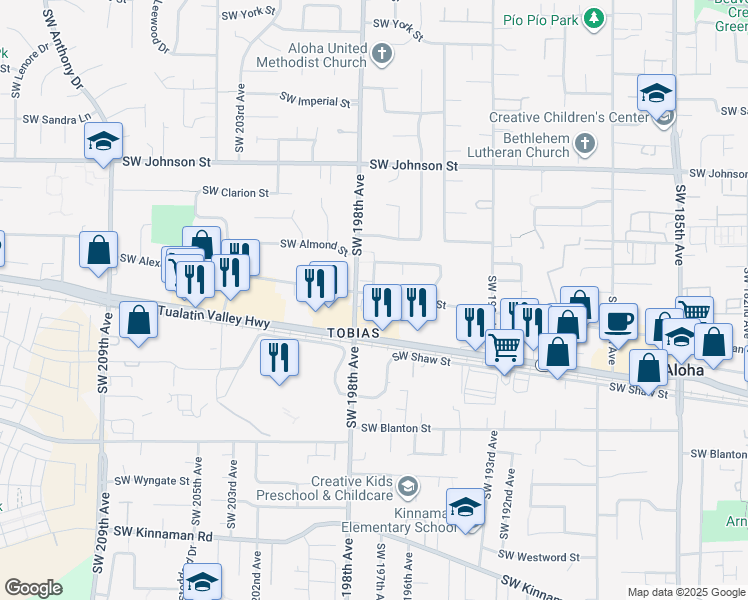 map of restaurants, bars, coffee shops, grocery stores, and more near 19750 Southwest Alexander Street in Beaverton