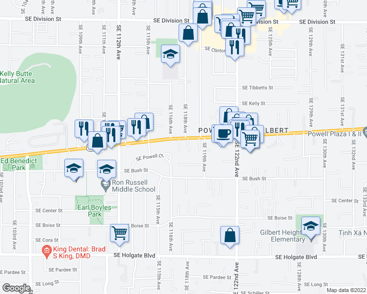 map of restaurants, bars, coffee shops, grocery stores, and more near 3505 Southeast 118th Avenue in Portland