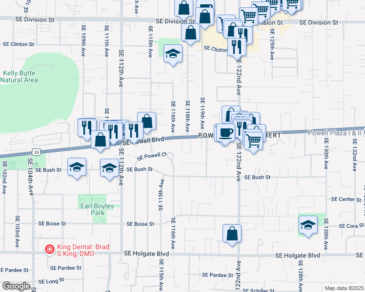 map of restaurants, bars, coffee shops, grocery stores, and more near 11712 Southeast Powell Boulevard in Portland