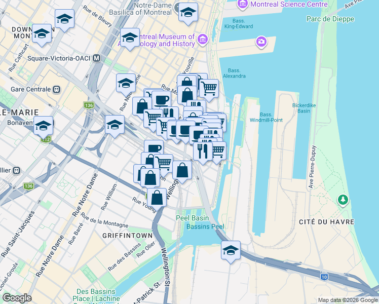 map of restaurants, bars, coffee shops, grocery stores, and more near 888 Wellington Street in Montreal