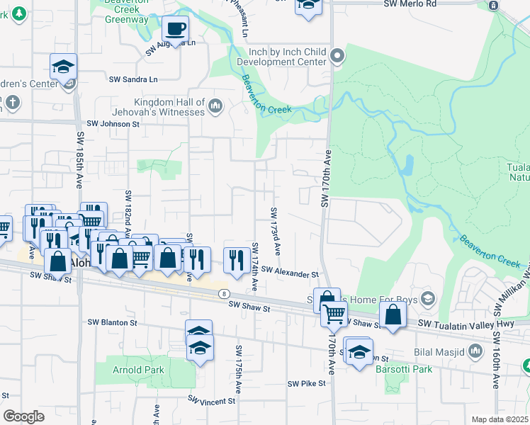 map of restaurants, bars, coffee shops, grocery stores, and more near 17321 Southwest Wakem Lane in Beaverton