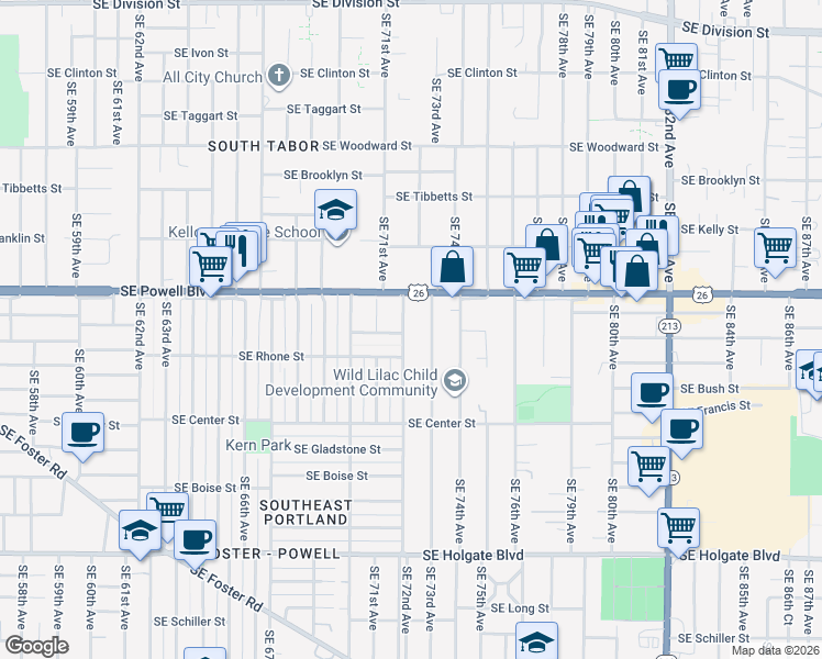 map of restaurants, bars, coffee shops, grocery stores, and more near 3558 Southeast 72nd Avenue in Portland