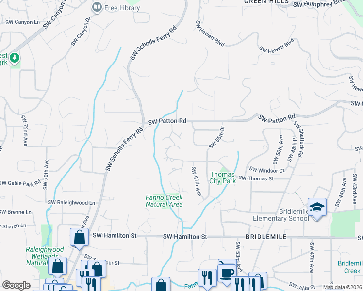 map of restaurants, bars, coffee shops, grocery stores, and more near 5745 Southwest Gaines Court in Portland
