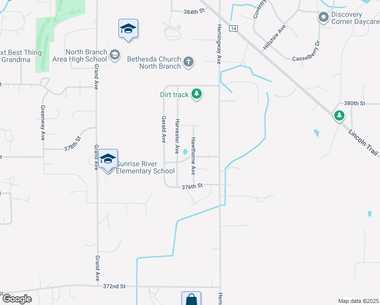 map of restaurants, bars, coffee shops, grocery stores, and more near 37816 Hawthorne Avenue in North Branch