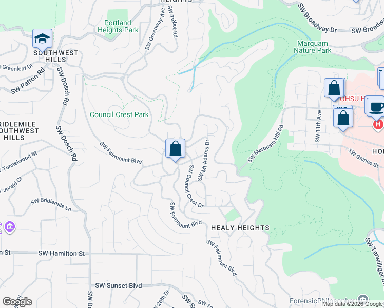 map of restaurants, bars, coffee shops, grocery stores, and more near 3742 Southwest Council Crest Drive in Portland