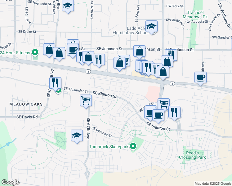 map of restaurants, bars, coffee shops, grocery stores, and more near 7067 Southeast Blanton Street in Hillsboro
